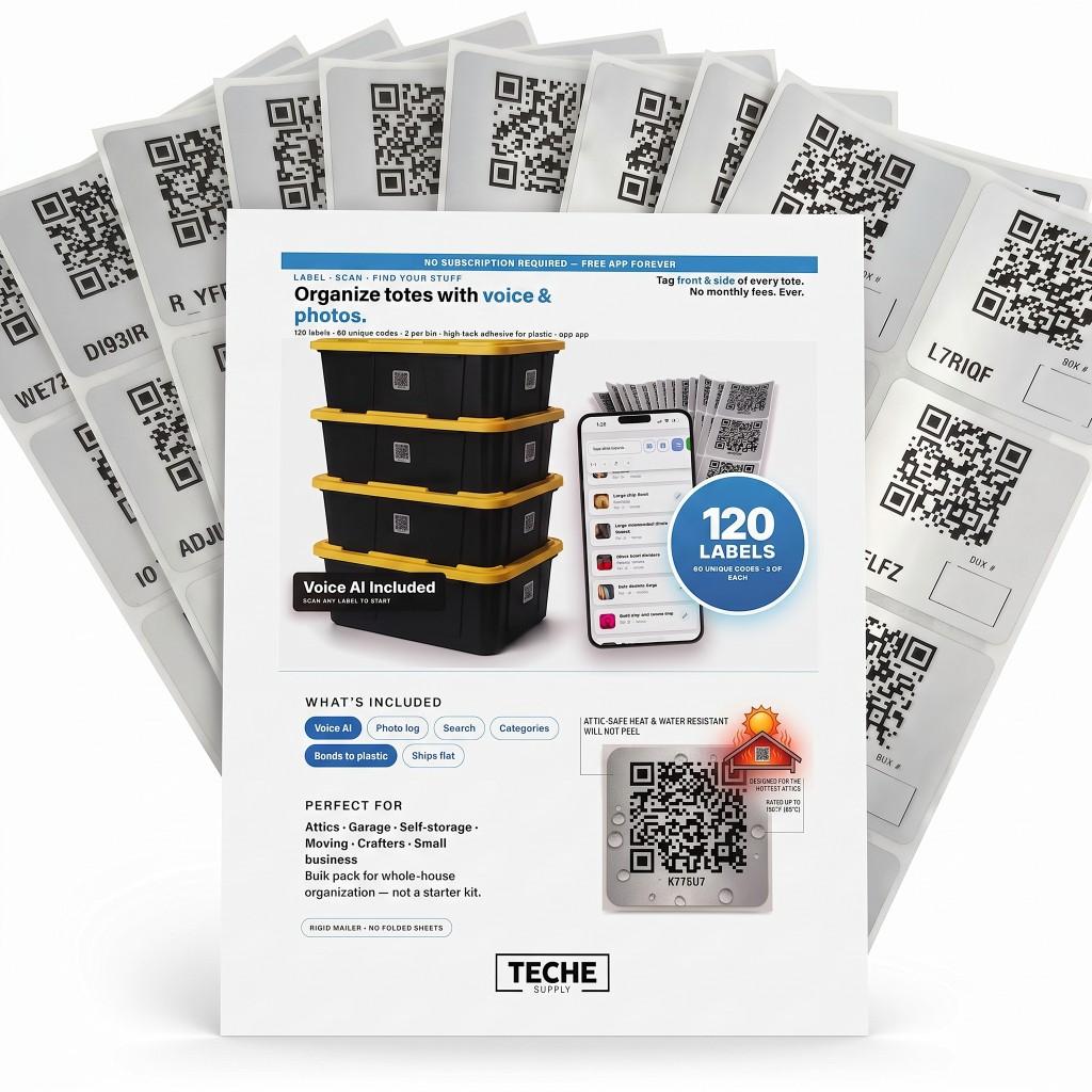 Teche QR label kit with app preview, packaging flyer, and label sheets