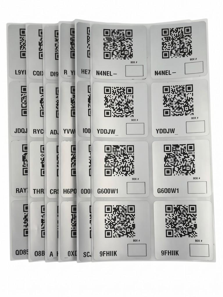 Teche label sheets showing four rows of two identical QR codes per row for top and side placement